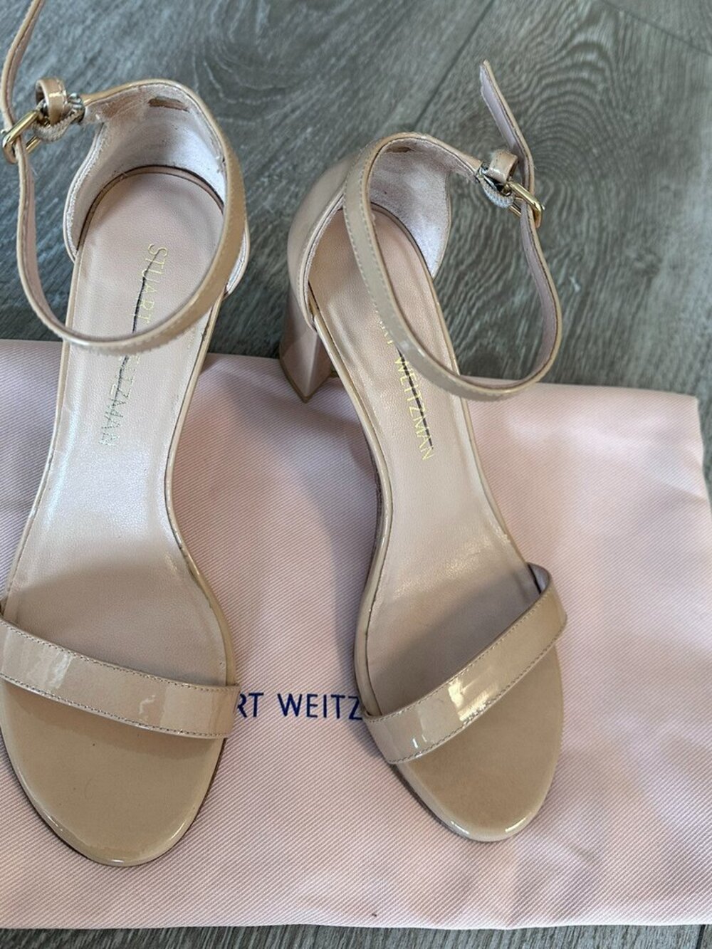 Stuart Weitzman Nearlynude Ankle Strap Sandals Adobe Patent